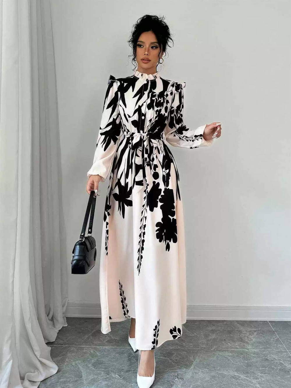 ZARA Women Button Front Long Sleeve Waist Tie A Line Maxi Dress